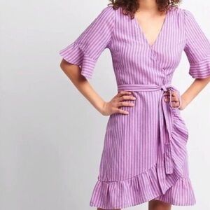 GAP WOMENS RUFFLE WRAP LINEN STRIPED PINK DRESS XL